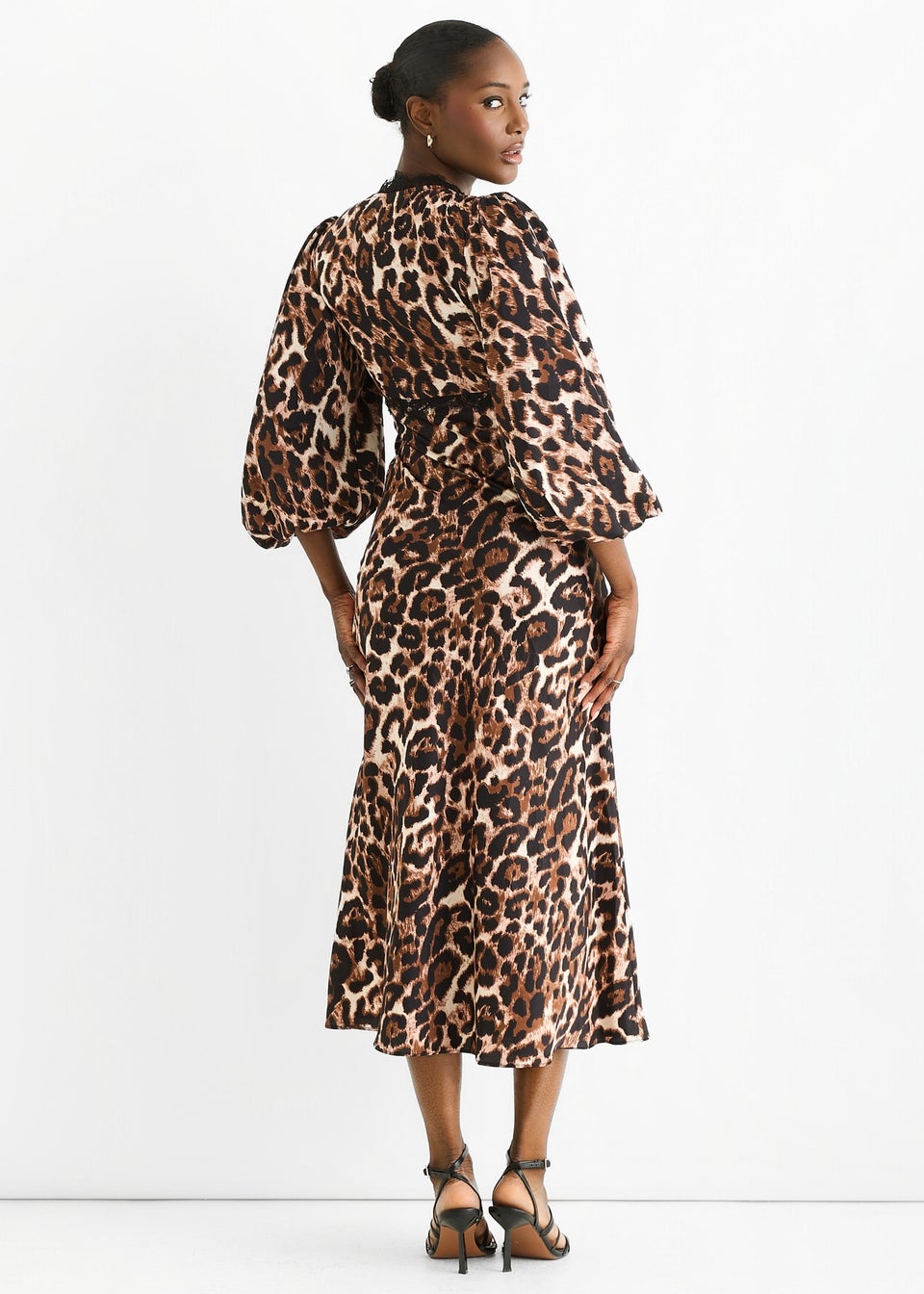 Gini London Brown Animal Lace Trim Satin Bias Midi Dress