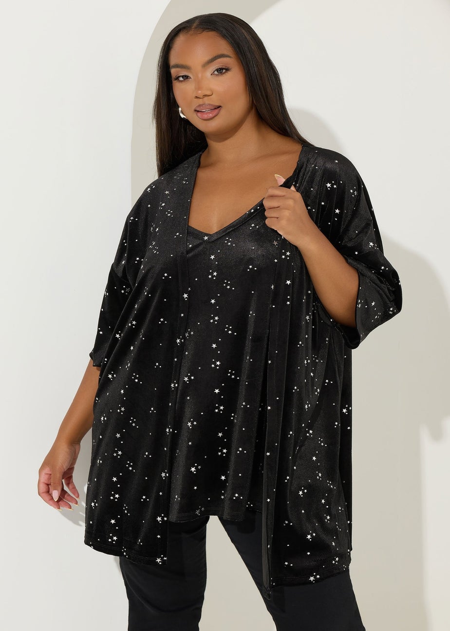 Yours Black Star Velour Kimono