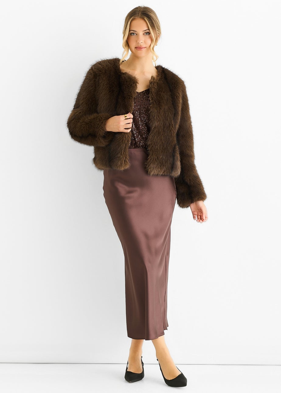 Gini London Coffee Round Neck Faux Fur Cropped  Jacket