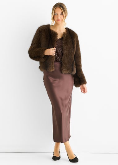 Gini London Coffee Round Neck Faux Fur Cropped  Jacket