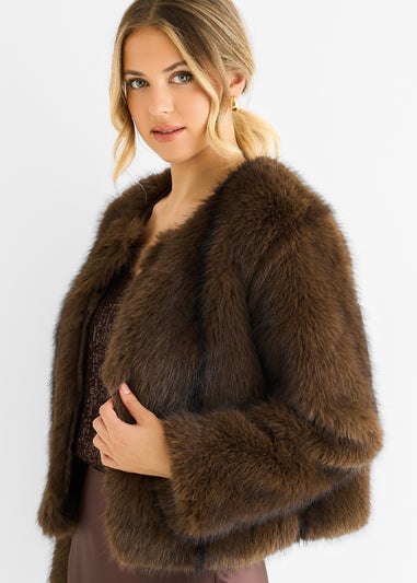 Gini London Coffee Round Neck Faux Fur Cropped  Jacket