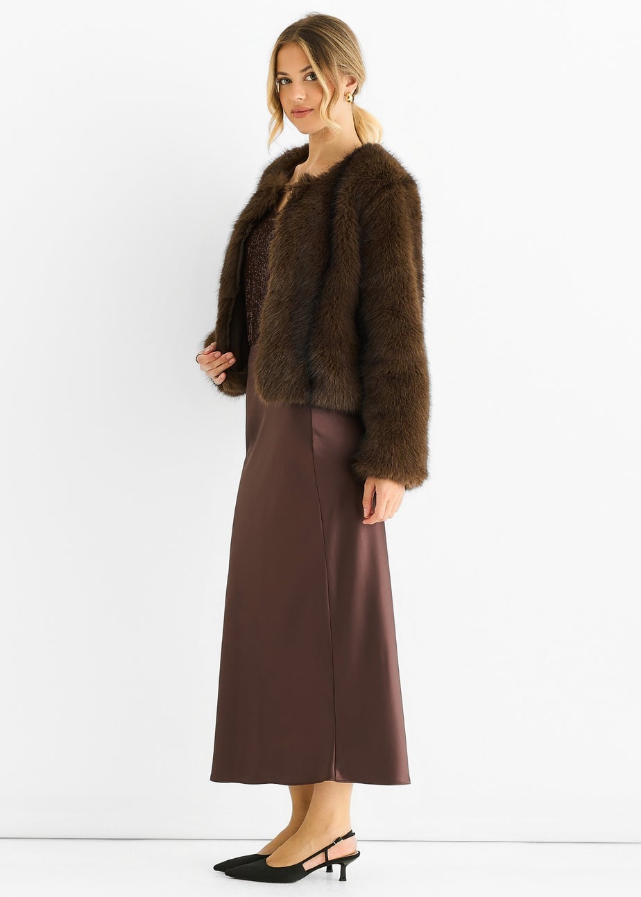 Gini London Coffee Round Neck Faux Fur Cropped  Jacket