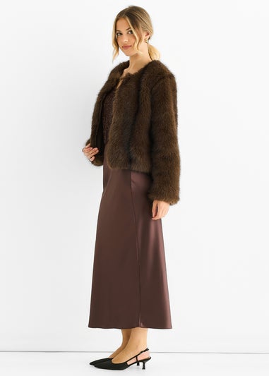 Gini London Coffee Round Neck Faux Fur Cropped  Jacket