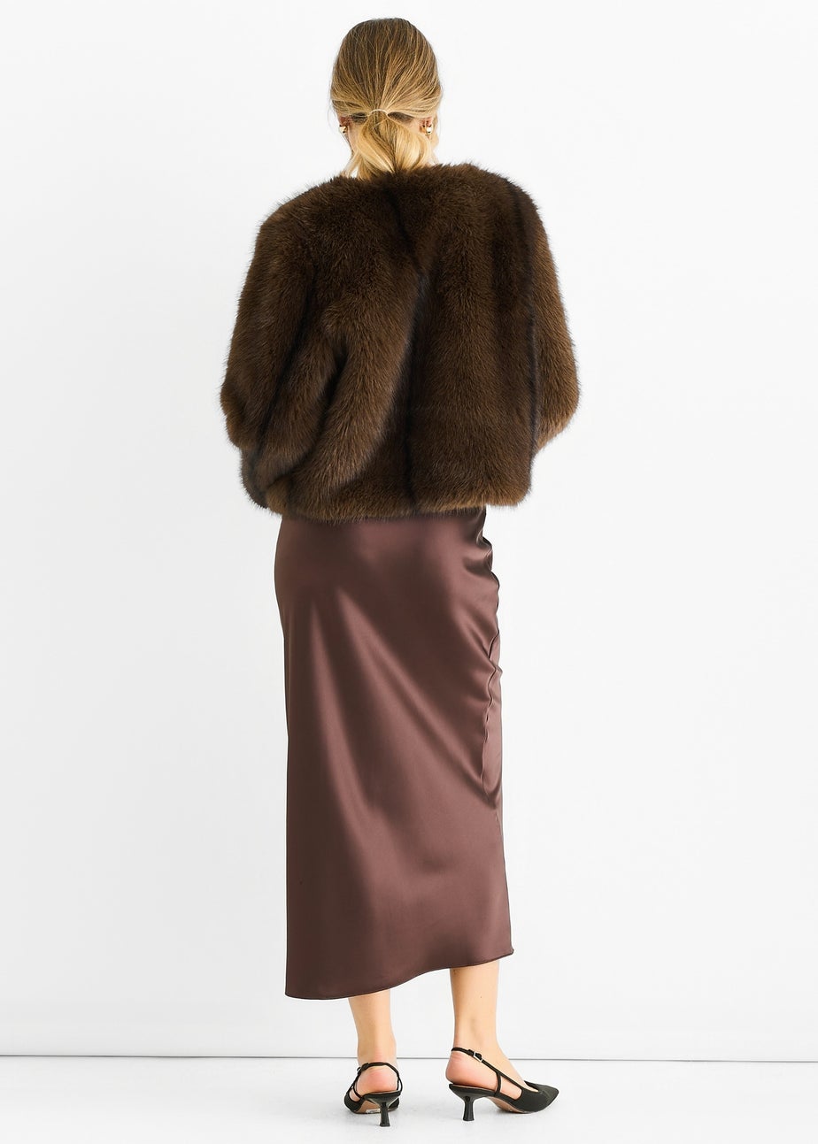 Gini London Coffee Round Neck Faux Fur Cropped  Jacket