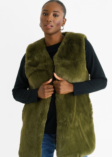 Gini London Khaki No Cut Faux Gilet Fur Sleeveless Jacket