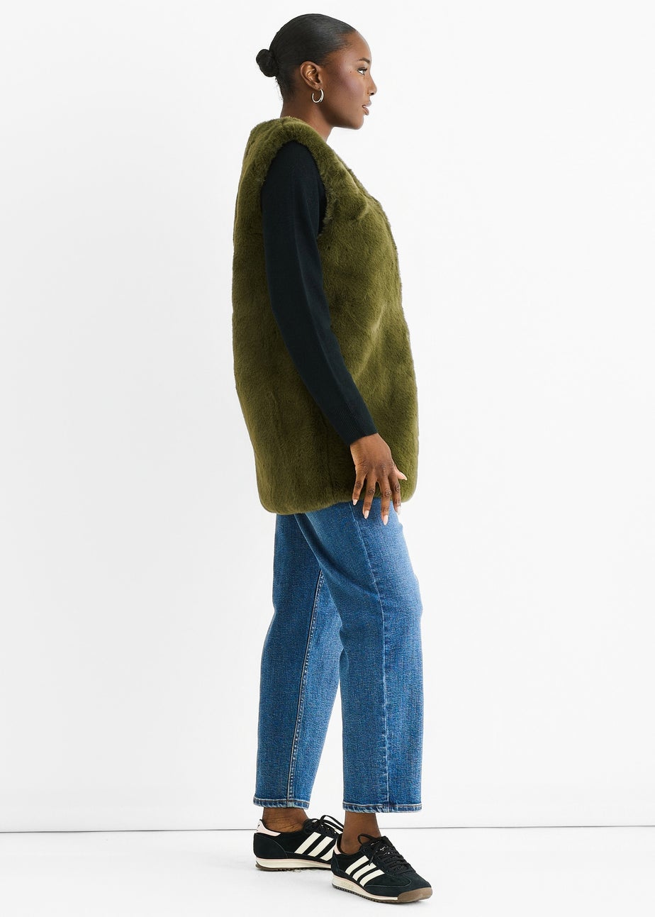 Gini London Khaki No Cut Faux Gilet Fur Sleeveless Jacket