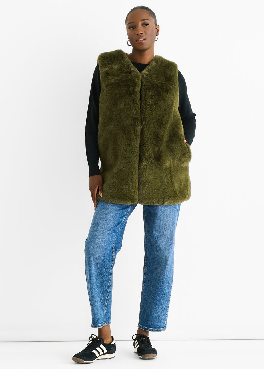 Gini London Khaki No Cut Faux Gilet Fur Sleeveless Jacket