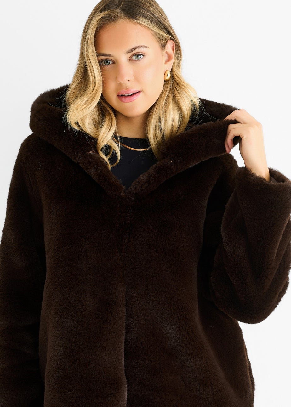 Gini London Chocolate Hooded Long Sleeve Faux Fur Jacket