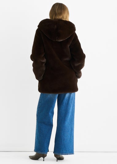 Gini London Chocolate Hooded Long Sleeve Faux Fur Jacket