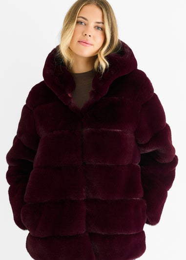Gini London Dark Burgundy Horizontal Cut Fur Hooded Jacket
