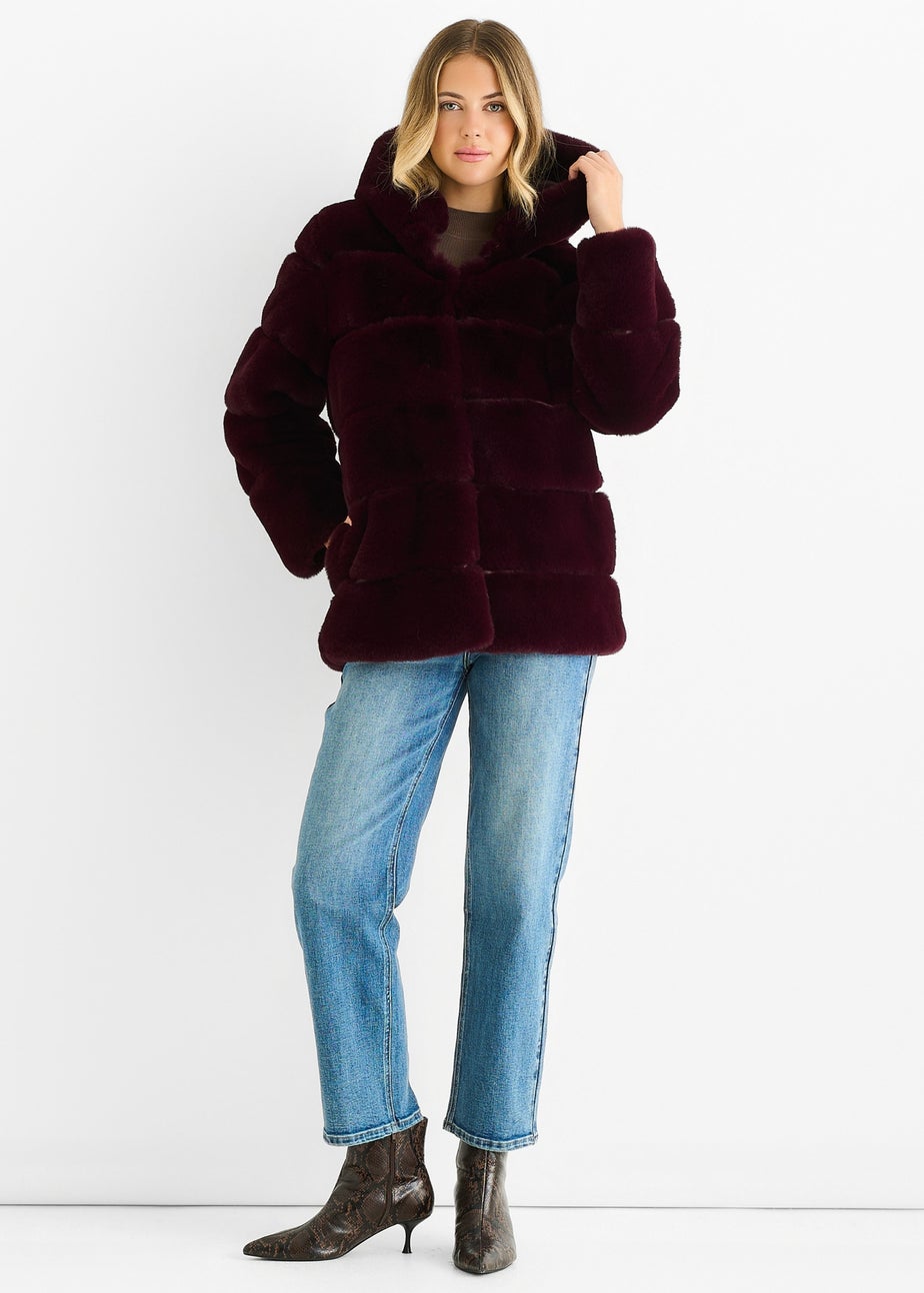 Gini London Dark Burgundy Horizontal Cut Fur Hooded Jacket