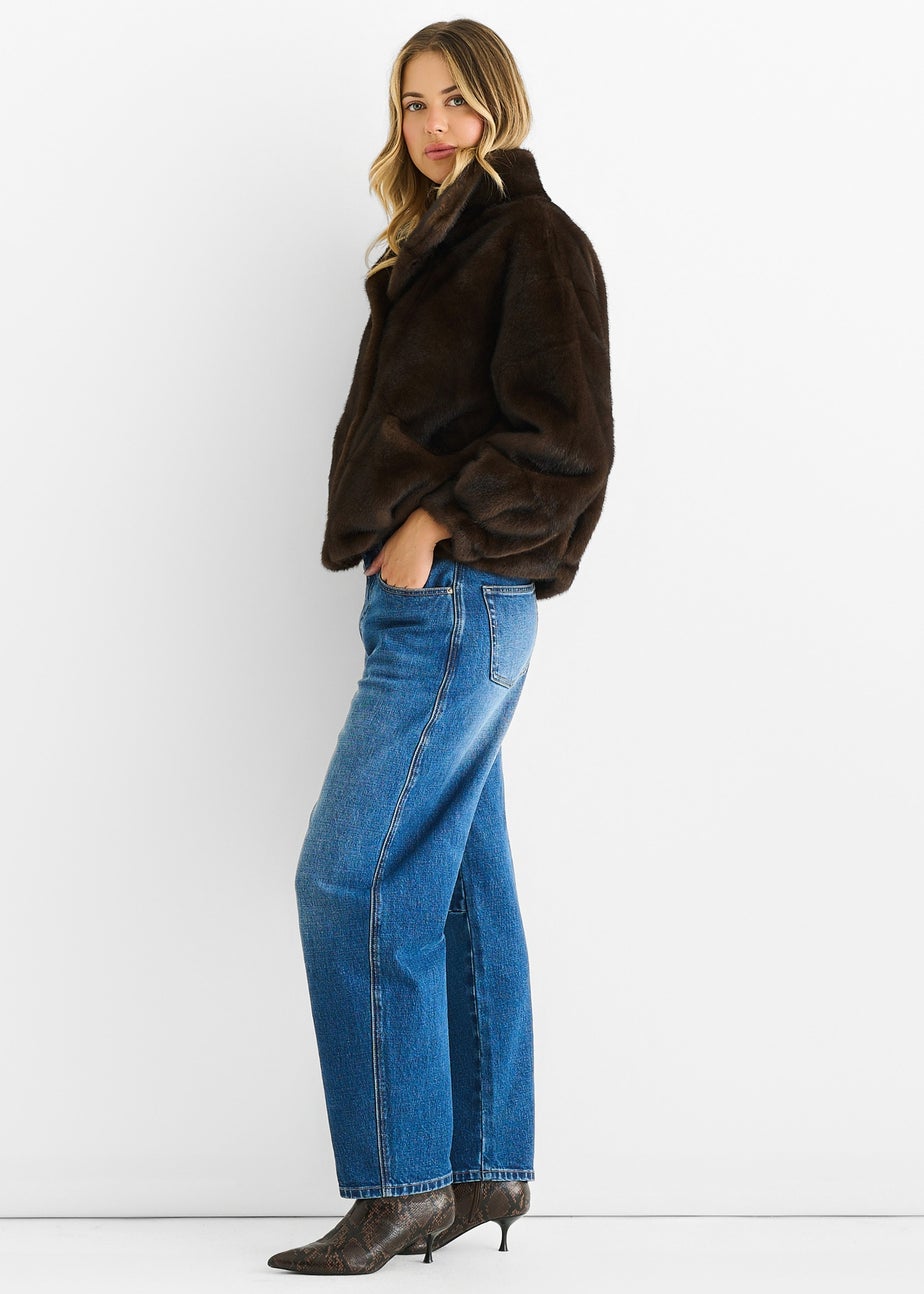 Gini London Coffee Funnel Neck Button Up Faux Fur Jacket