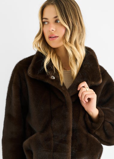 Gini London Coffee Funnel Neck Button Up Faux Fur Jacket