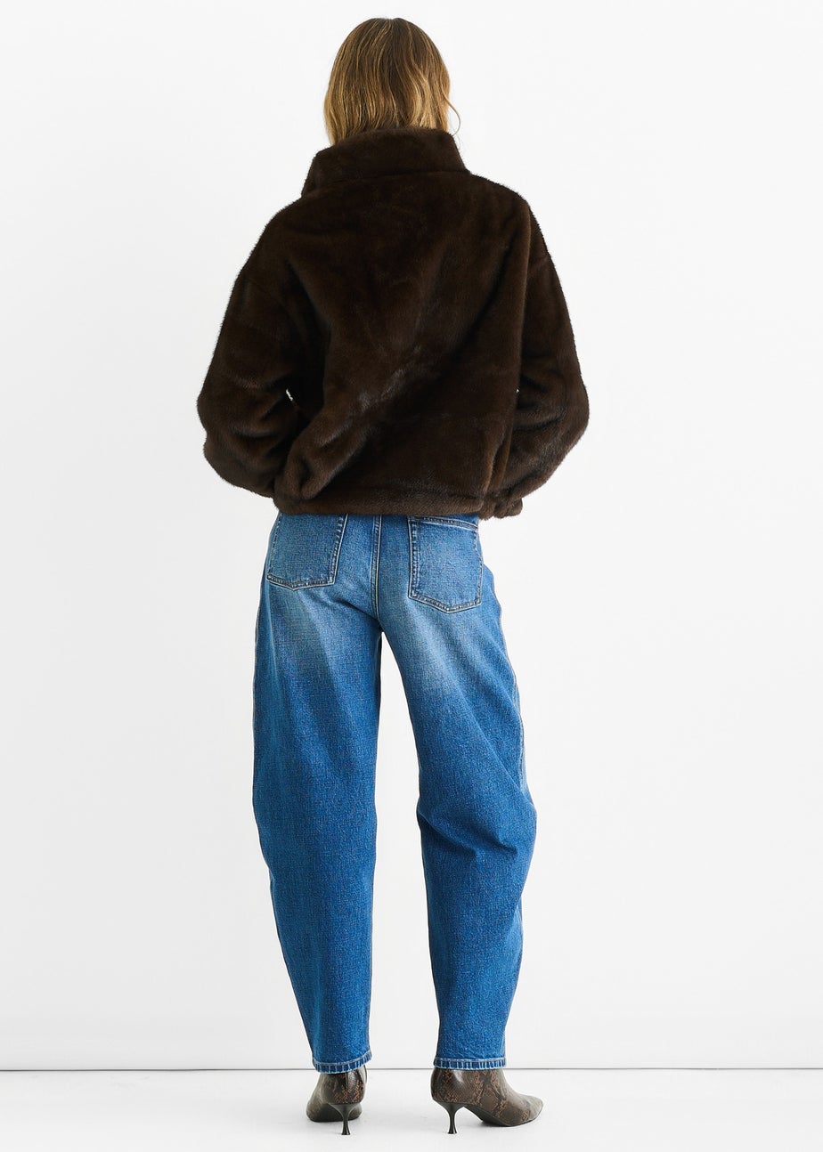 Gini London Coffee Funnel Neck Button Up Faux Fur Jacket