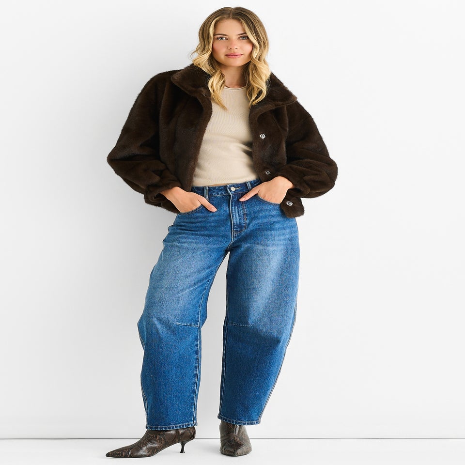 Gini London Coffee Funnel Neck Button Up Faux Fur Jacket