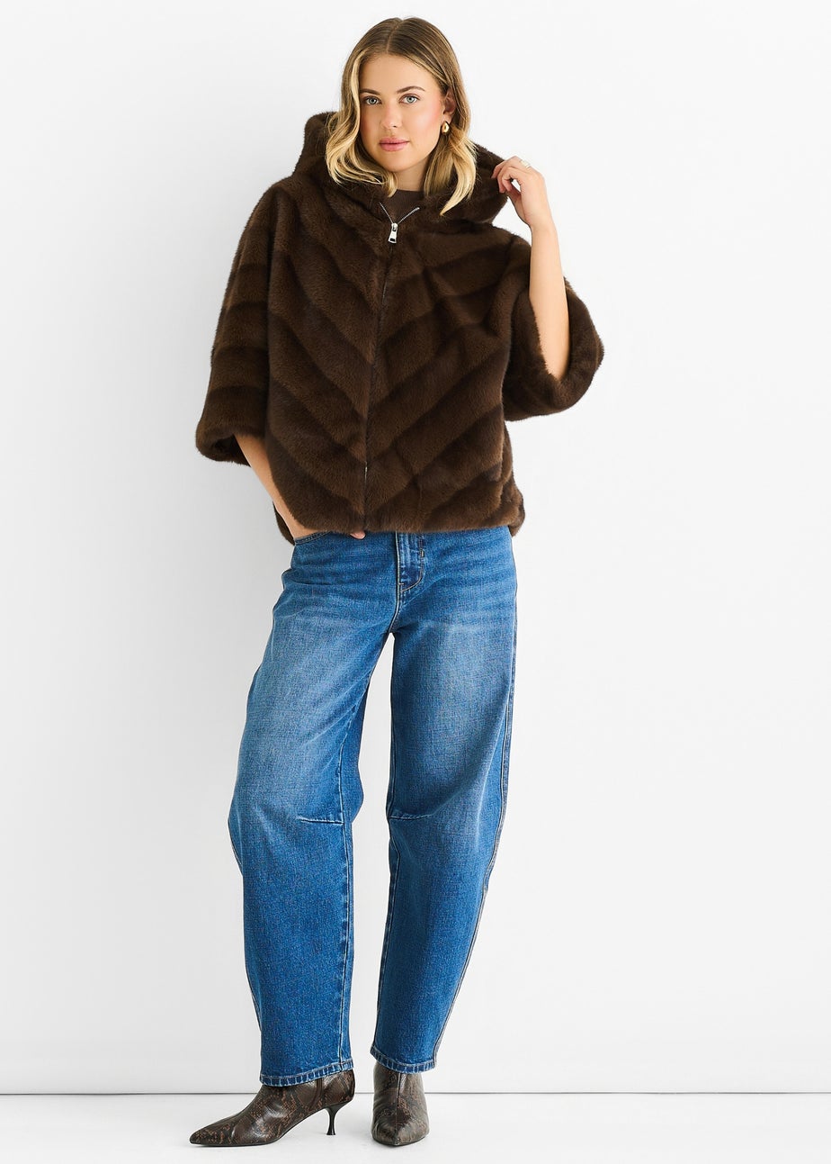 Gini London Coffee Hooded Chevron Faux Fur Cape Jacket