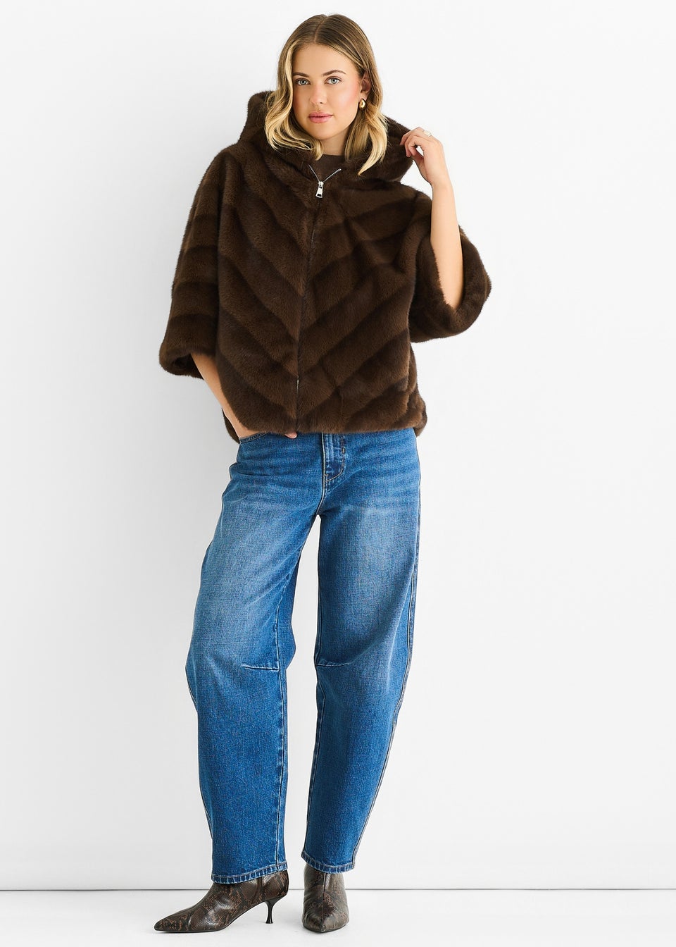 Gini London Coffee Hooded Chevron Faux Fur Cape Jacket