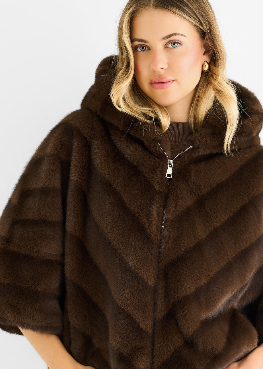 Gini London Coffee Hooded Chevron Faux Fur Cape Jacket