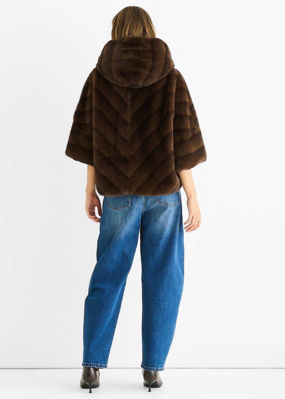 Gini London Coffee Hooded Chevron Faux Fur Cape Jacket