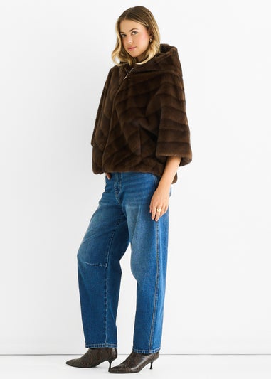 Gini London Coffee Hooded Chevron Faux Fur Cape Jacket