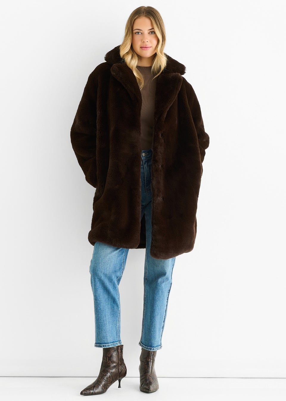 Gini London Chocolate Faux Fur Lapel Collar Longline Coat