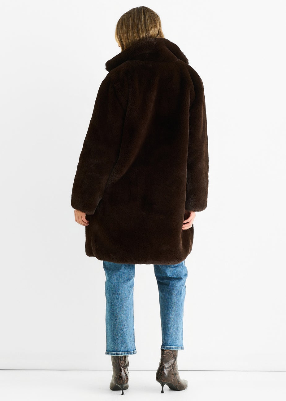 Gini London Chocolate Faux Fur Lapel Collar Longline Coat