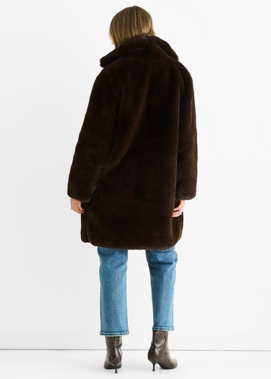 Gini London Chocolate Faux Fur Lapel Collar Longline Coat