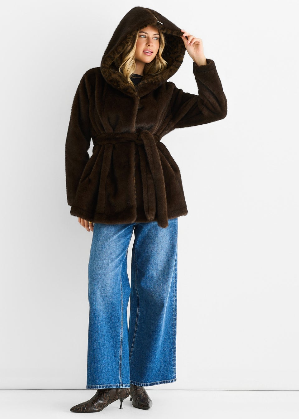 Gini London Chocolate Premium Contrast Lapel Hood Animal Faux Fur Jacket