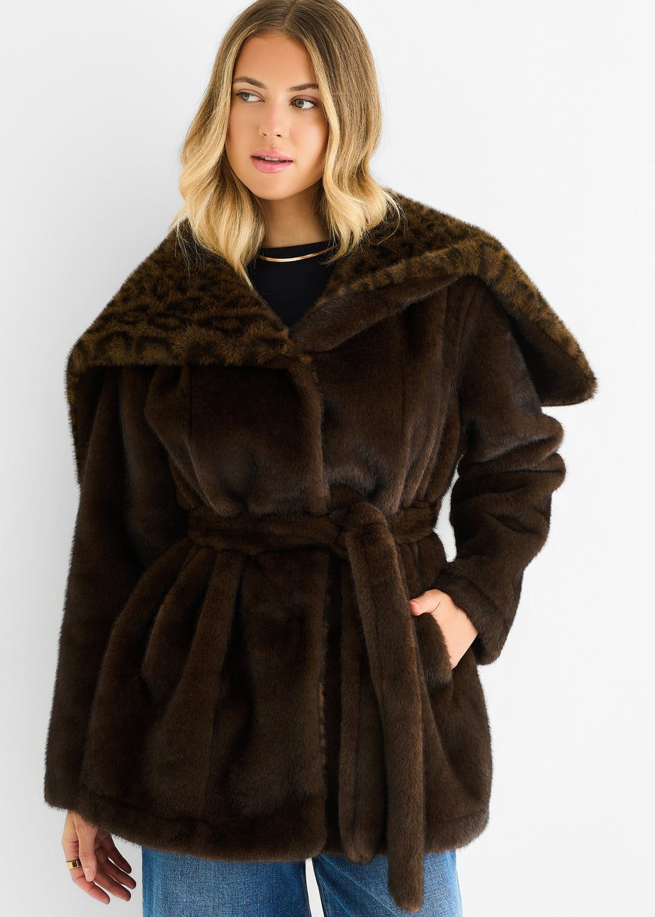 Gini London Chocolate Premium Contrast Lapel Hood Animal Faux Fur Jacket