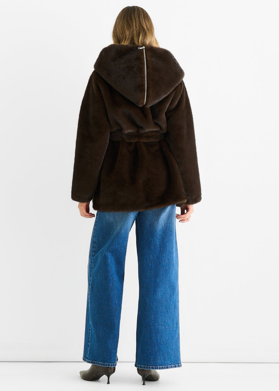 Gini London Chocolate Premium Contrast Lapel Hood Animal Faux Fur Jacket