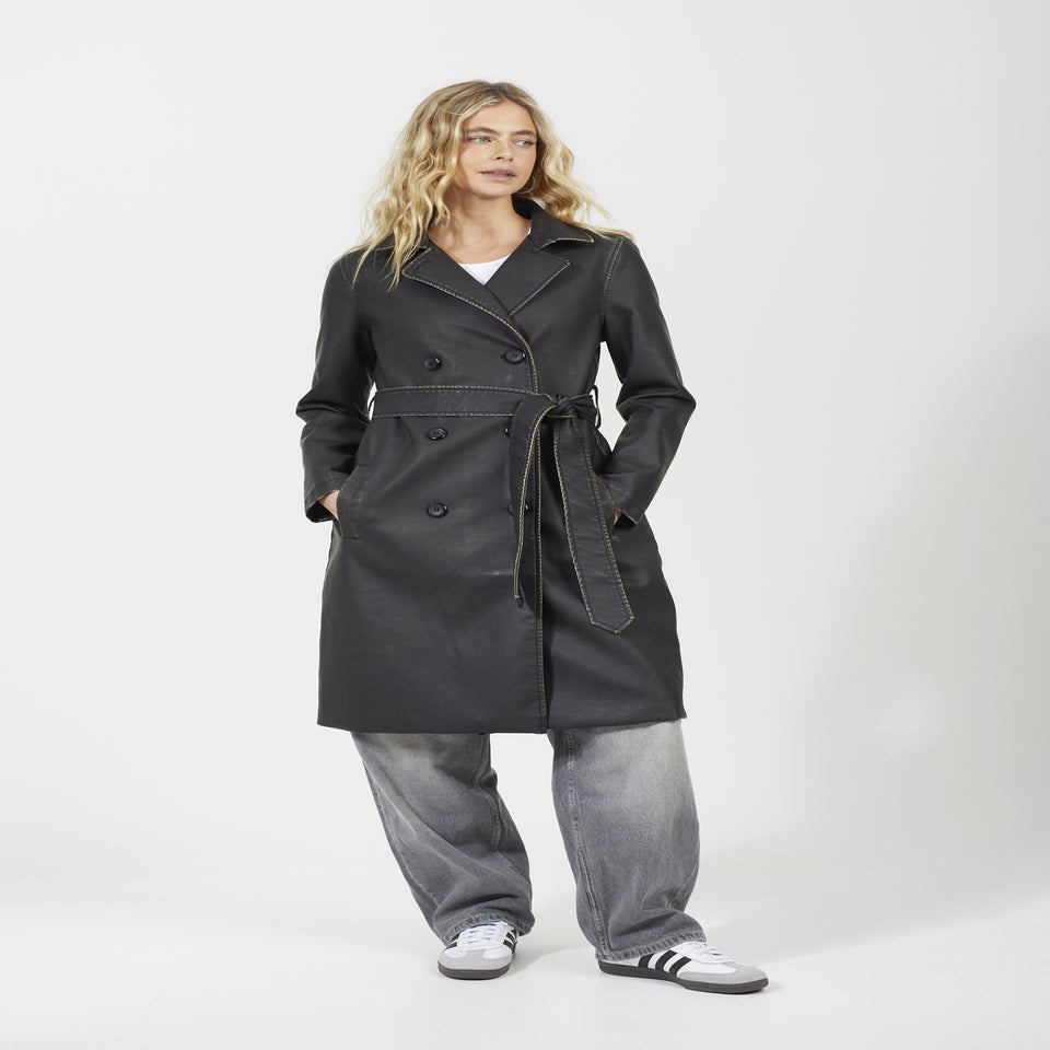 Brave Soul Black Oversized PU Double Breasted Mac