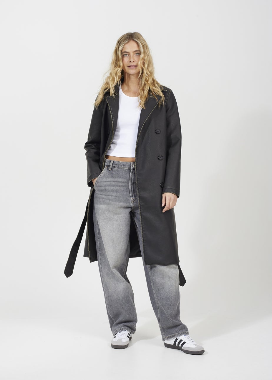 Brave Soul Black Oversized PU Double Breasted Mac