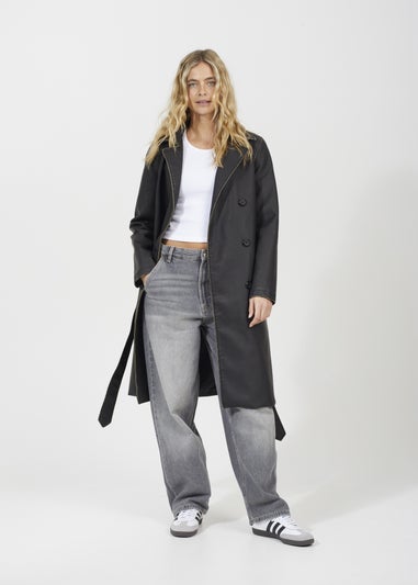 Brave Soul Black Oversized PU Double Breasted Mac