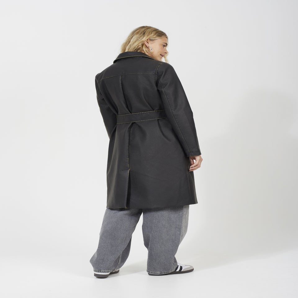 Brave Soul Black Oversized PU Double Breasted Mac