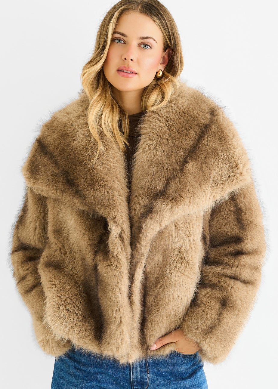Gini London Camel Ombre Lapel Faux Fur Jacket