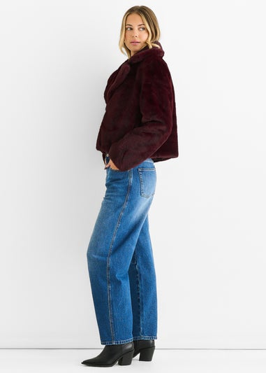 Gini London Plum Crushed Look Faux Fur Cropped Jacket