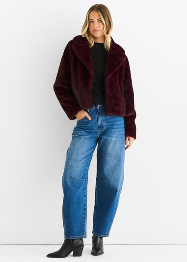 Gini London Plum Crushed Look Faux Fur Cropped Jacket