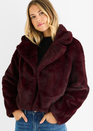 Gini London Plum Crushed Look Faux Fur Cropped Jacket
