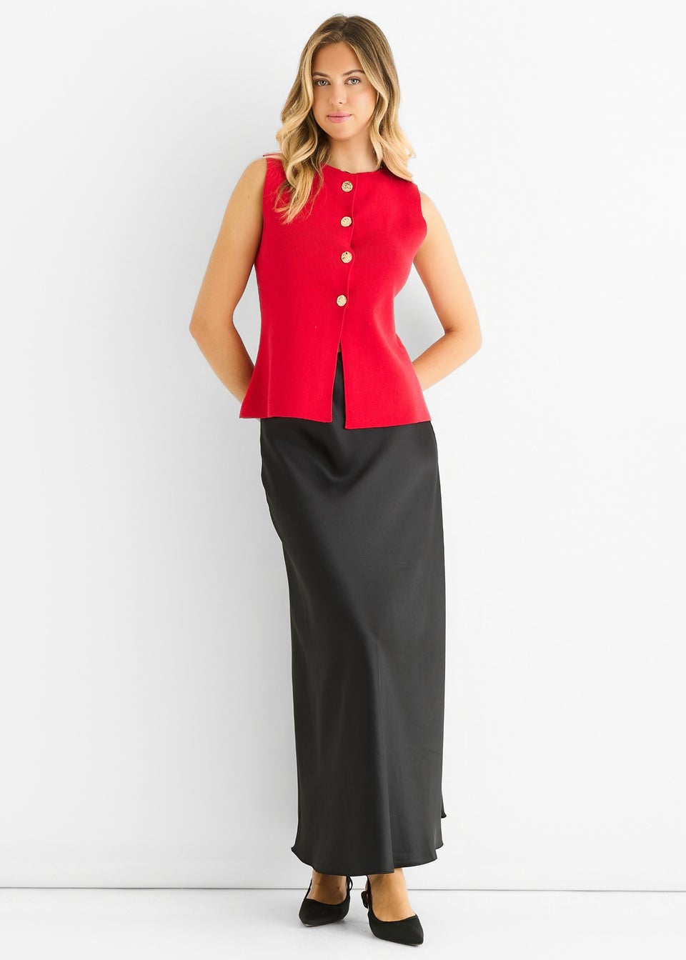 Gini London Cherry Red Button Front Compact Knit Waistcoat