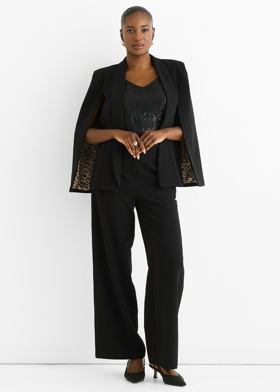 Gini London Black Contrast Animal Lining Tailoring Cape Blazer