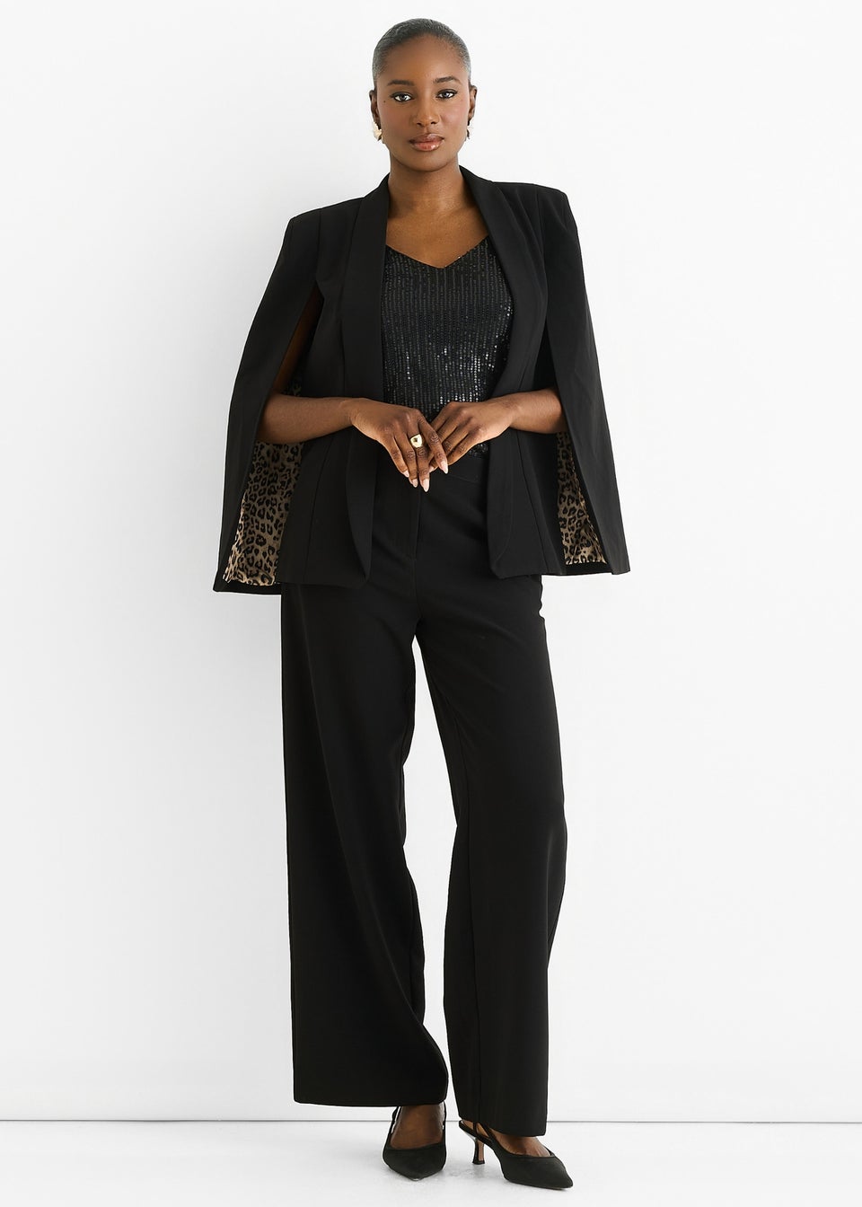 Gini London Black Contrast Animal Lining Tailoring Cape Blazer