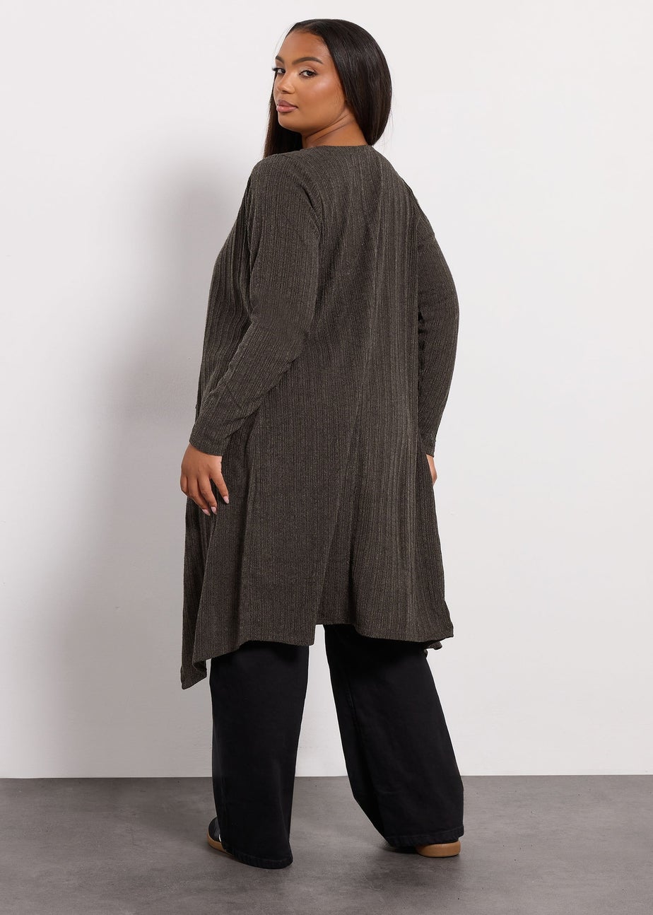 Yours Curve Brown Ribbed Midaxi Waterfall Cardigan