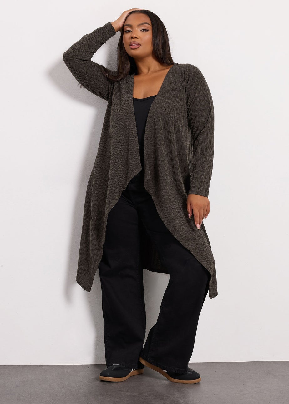 Yours Curve Brown Ribbed Midaxi Waterfall Cardigan