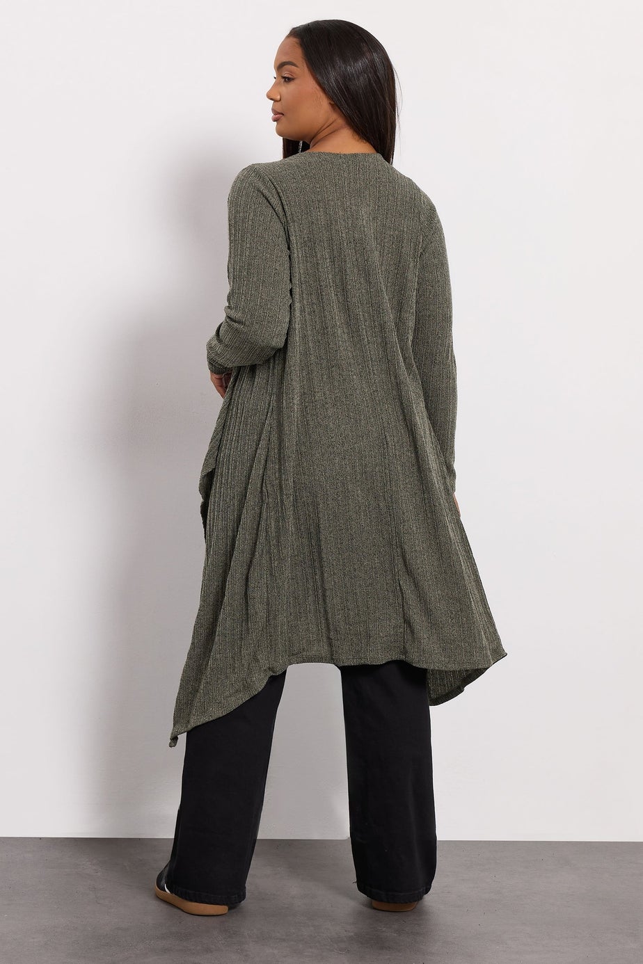 Yours Curve Khaki Green Ribbed Midaxi Waterfall Cardigan