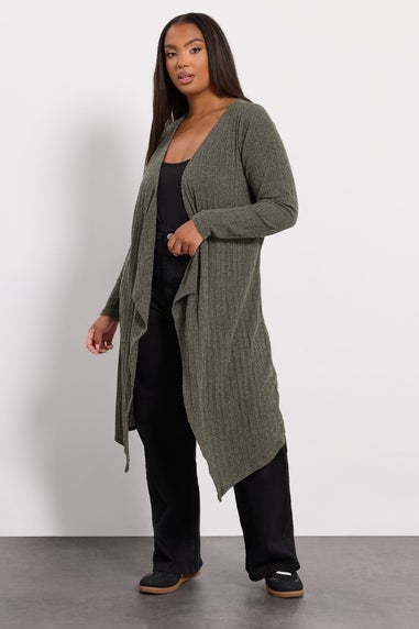 Yours Curve Khaki Green Ribbed Midaxi Waterfall Cardigan