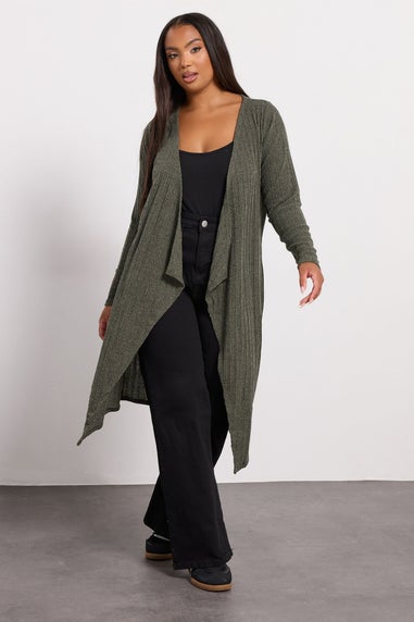 Yours Curve Khaki Green Ribbed Midaxi Waterfall Cardigan