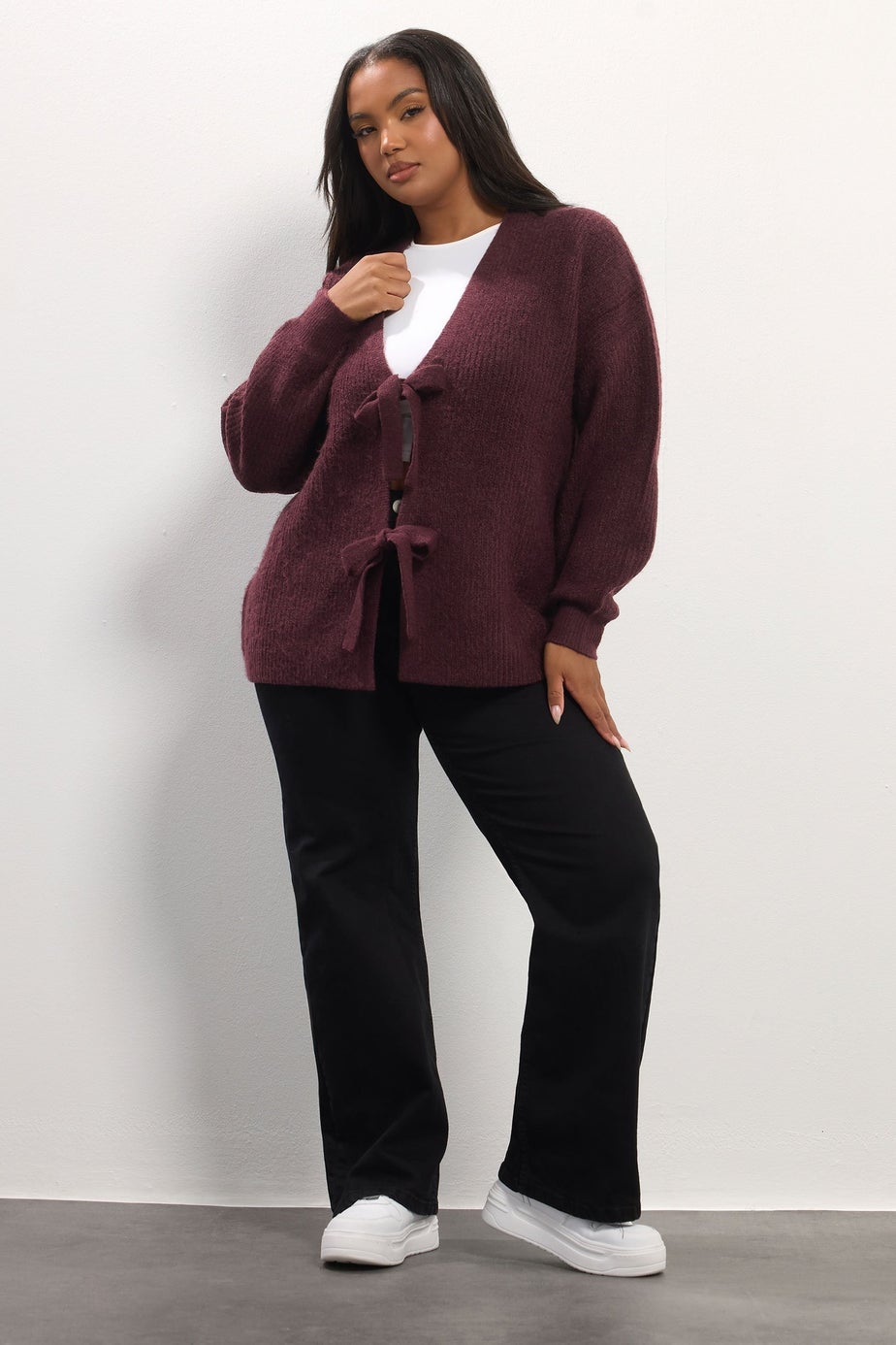 Yours Wine Red Bow Tie Front Cardigan