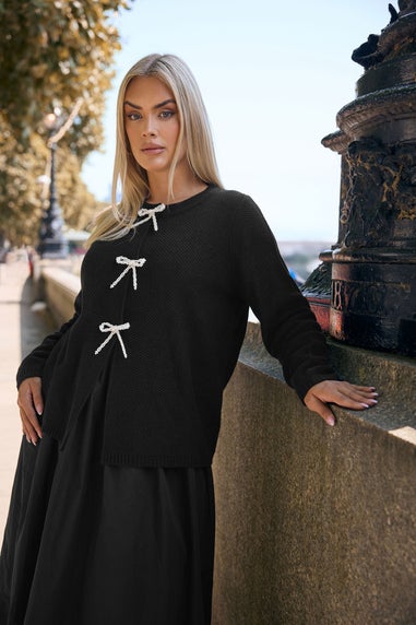 Yours Curve Black Pearl Bow Front Cardigan