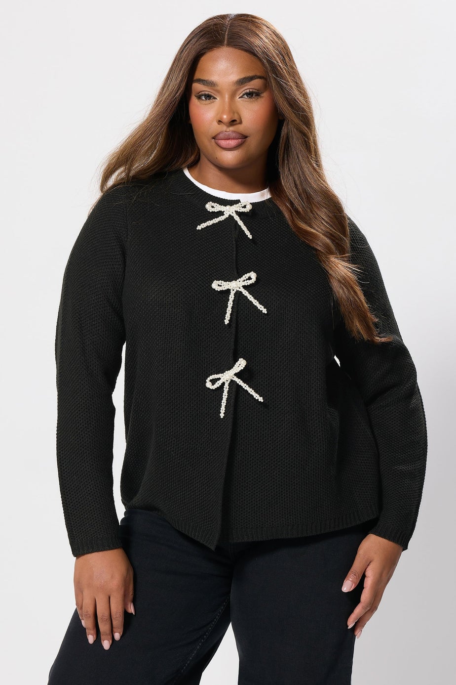 Yours Curve Black Pearl Bow Front Cardigan