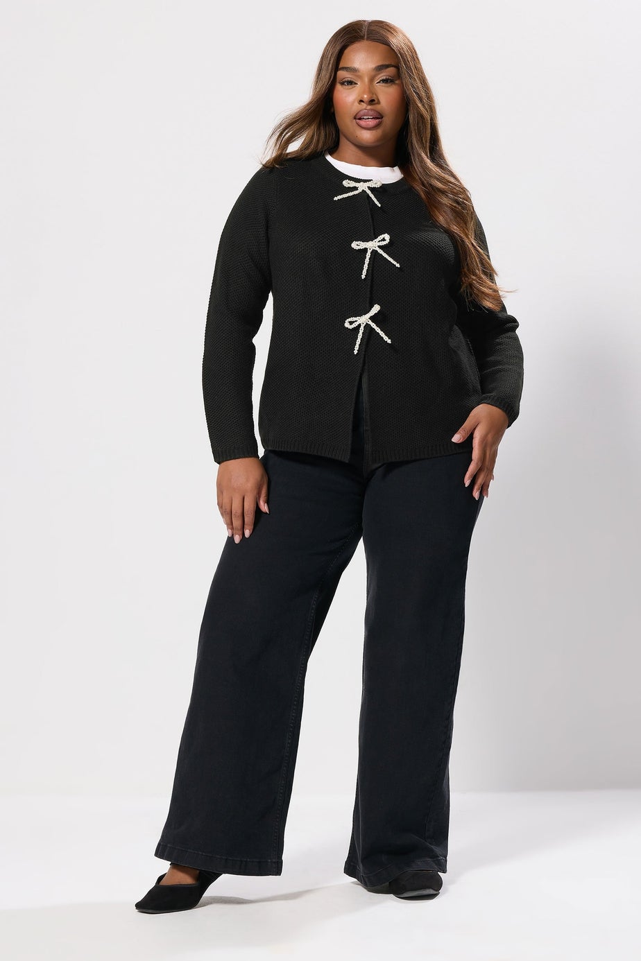 Yours Curve Black Pearl Bow Front Cardigan
